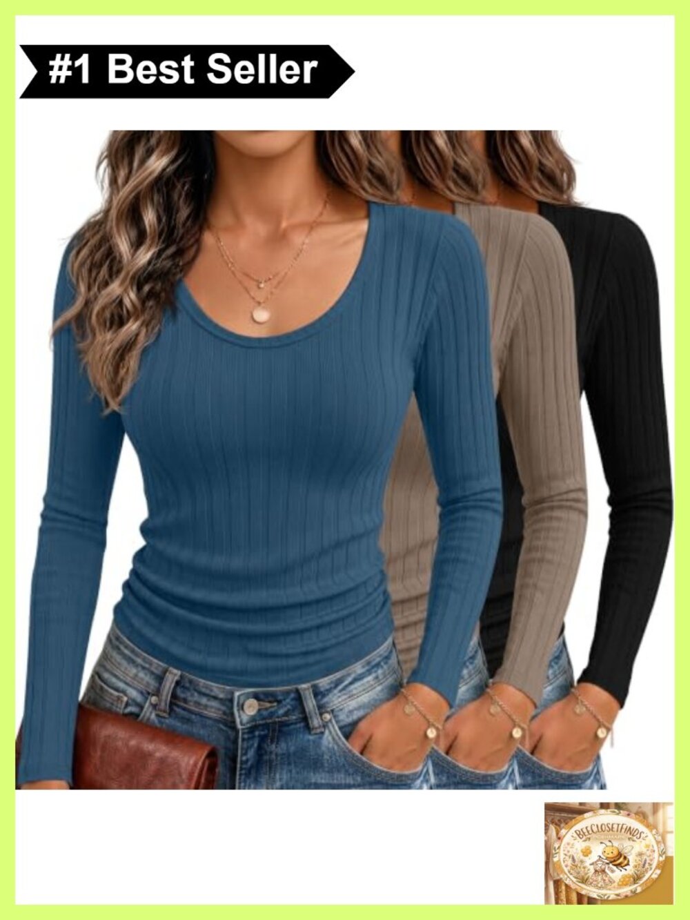 Ribbed Knit Scoop Neck Long Sleeve Tops 3 Pack Slim Fit Cotton Blend